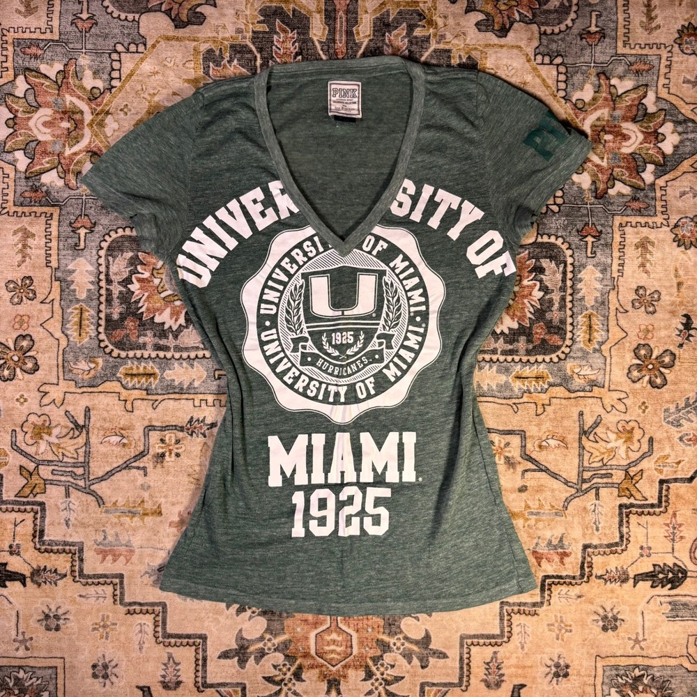 Y2K PINK Victorias Secret University of Miami Hurricanes V-Neck T-Shirt Medium